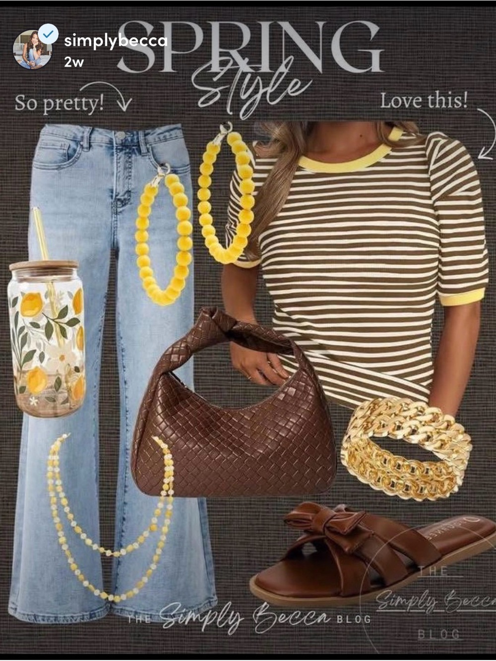 Striped Short Sleeve Knit Top in Brown and White with Yellow Trim